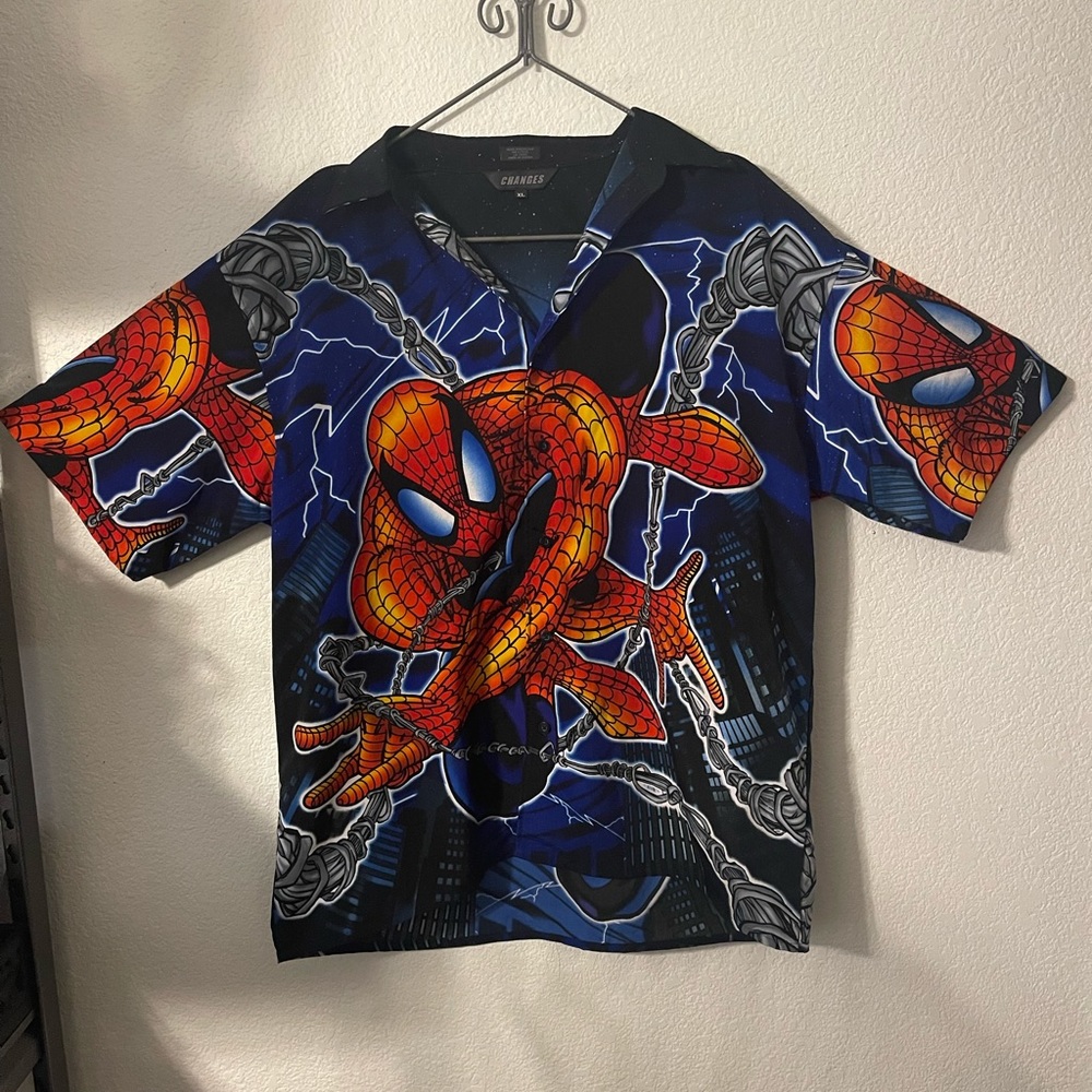 Spider-Man AOP Button Up Shirt Marvel Comic Lightning Graphic Streetwear XL